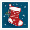 Festive illustration of a red Christmas stocking decorated with white snowflakes and a holly sprig with red berries, set against a blue background with falling snow and the message ‘Season’s Greetings' on the stocking