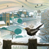 Illustration of a blackbird standing on a fence post in a winter countryside scene, with snow-covered fields, bare trees, and a village featuring a church tower in the background