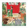 Festive winter illustration featuring hedgehogs and birds in a snowy garden outside a red door, with green wellington boots, holly, and potted plants