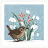 Illustration of a small brown wren on a snowy ground with white snowdrop flowers and red berries in the background, set against a pale blue sky with falling snow