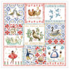 Colourful illustration inspired by ‘The Twelve Days of Christmas,’ showing a partridge in a pear tree, turtle doves, French hens, calling birds, golden rings, geese, swans, maids, ladies, lords, pipers, and drummers, arranged in decorative panels with red, blue, and green patterns