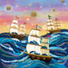 Illustration of four tall ships with billowing white sails crossing deep blue ocean waves beneath a golden and pink sunset sky filled with stars and radiant sunbursts.