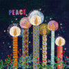 Illustration of six patterned candles with bright flames surrounded by glittering halos, set against a dark starry sky with the word ‘Peace’ in multicoloured letters and festive greenery with red berries below.