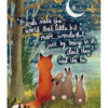 Greeting card featuring an illustration of a fox sitting next to three rabbits in a woodland setting. A crescent moon lights up the night sky. White text reads "Friends make the world that little bit more wonderful just by being in it, don't they?" said the fox.