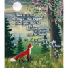 Greeting card with an illustration of a fox walking through long grass under a full moon. There is a tree covered in pink and white flowers. White text reads "There is a sort of magic that happens when you start to believe in yourself," said the moon, "all of a sudden things fall right into place."