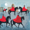 Elegant winter artwork depicting mounted guards in red cloaks on black horses parading through a snow-covered city square under a full moon.