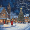 Festive winter scene of a snowy village with warmly lit cottages, a tall Christmas tree decorated with lights and ornaments, a red post box, and people gathering under a dark blue sky with falling snow.