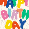 Colourful balloon‑style letters spelling ‘Happy Birthday’ with strings attached, set against a light cream background