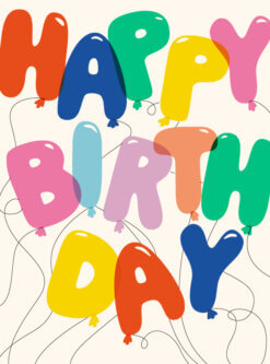 Colourful balloon‑style letters spelling ‘Happy Birthday’ with strings attached, set against a light cream background