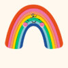 Cute cartoon rainbow illustration with smiling face and rosy cheeks on a cream background.
