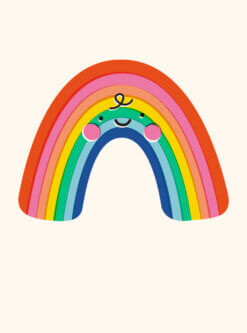 Cute cartoon rainbow illustration with smiling face and rosy cheeks on a cream background.