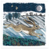 Artistic depiction of a brown hare running through frosty fields under a dark blue night sky, with bare trees, flying birds, and a glowing moon illuminating the scene.