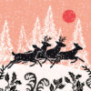 Stylised illustration of four black reindeer leaping across a snow-covered landscape with white pine trees, falling snow, and a red sun glowing in the background.