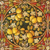 Art Nouveau-inspired decorative artwork showing a wreath of lemons, leaves, and blossoms framed by elegant ribbons