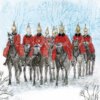Illustration of ceremonial horse guards wearing bright red uniforms and gold helmets, riding black horses in formation through falling snow with bare winter trees in the background.