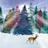Artistic winter scene showing a brown deer with antlers crossing a snow-covered landscape surrounded by tall pine trees in shades of blue, green, and purple under a softly lit sky.