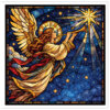 Intricate stained glass illustration featuring a celestial angel with golden wings and a halo, blowing a trumpet toward a shining star in a star-filled night sky