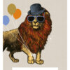 A pale purple card with an illustration of a lion wearing a black bowler hat and large sunglasses with three balloons tied to it's paw. The lion has a long, bushy mane. Text on the card reads 'Happy Birthday. To the Mane Man!'.