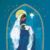 Elegant religious illustration of the Virgin Mary holding baby Jesus under a radiant star, framed by a gold arch and set against a textured blue background.
