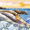 Artistic landscape showing a family walking along a winding coastal path and sandy beach near a natural sea arch, surrounded by vibrant wildflowers and set against a golden sunset sky over the ocean.
