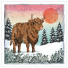 Illustration of a Highland cow standing in a snowy landscape with pine trees and a red winter sun.