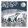 Illustration of a badger walking through a snowy winter landscape under a full moon.
