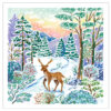 A graceful deer stands on a snowy path surrounded by winter trees and soft pastel hills beneath a glowing sunrise, painted in delicate brushstrokes.