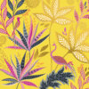 Square greeting card with a yellow background and intricate floral design in white, blue, purple, pink and gold. Two pink birds with long feathery tails can be seen perched on the flowers.