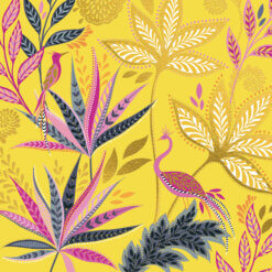 Square greeting card with a yellow background and intricate floral design in white, blue, purple, pink and gold. Two pink birds with long feathery tails can be seen perched on the flowers.