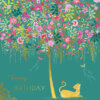 Square card featuring a gold cat with a ladybird on it's tail. The cat sits beneath a gold tree which has bright, colourful flowers. Gold text at the bottom of the card reads 'happy birthday'. The card has a green background.