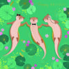 Square card with a green background. Three otters float on their backs while holding paws. They are surrounded by water lilly pads and pink flowers. Gold text at the top reads 'happy birthday'.