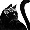 A white greeting card with a black and white illustration of a black cat with flowers around it's head.