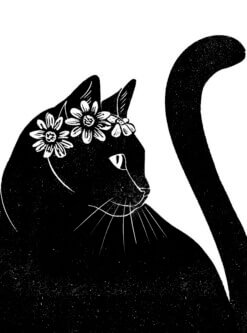 A white greeting card with a black and white illustration of a black cat with flowers around it's head.