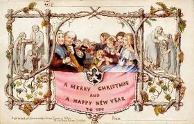 An old, victorian style Christmas card with an illustration of a large family gathered around a table enjoying a feast. Text reads 'A Merry Christmas and a Happy New Year to You'.