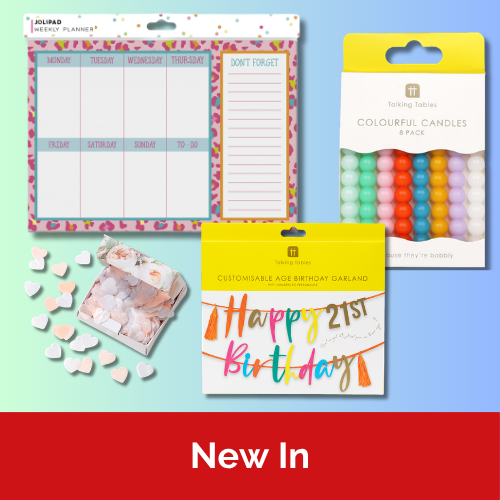 A large weekly planner, paper heart confetti, colourful bobble candles and a customisable age birthday banner against a pastel green and blue background.