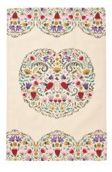 Beige tea towel with scalloped floral border at the top and bottom and a large heart in the centre. Birds and flowers fill the heart shape.