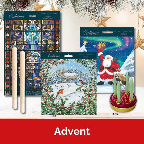 A selection of advent calendars, cards and candles.