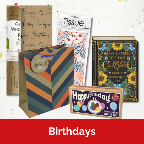 Text reads 'Birthdays'. Image shows birthday gift wrap, bags and tissue along with a book style card and a cross-stitch birthday kit.