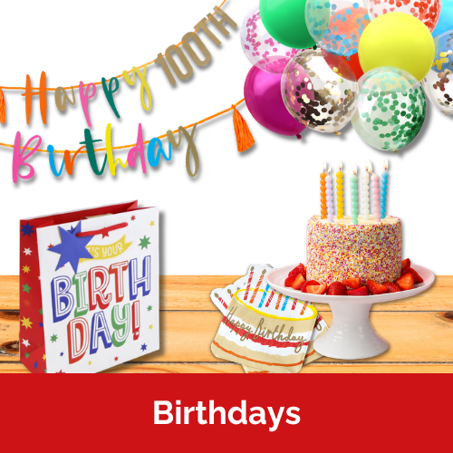 Celebrate birthdays with balloons, tailored bunting, candles, napkins, cards, gifts, wrap and more.