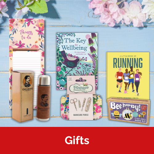 A selection of gifts including a flask, jotter, books, manicure set and cross stitch kit.