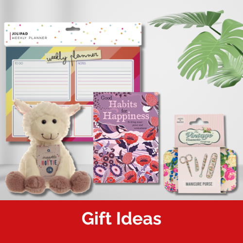A weekly planner, a cuddly lamb hottie, a self help book and a floral manicure set.