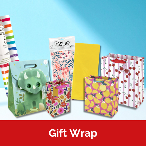 A rainbow striped wrapping paper roll stands next to a selection of gift bags and colourful tissue paper.