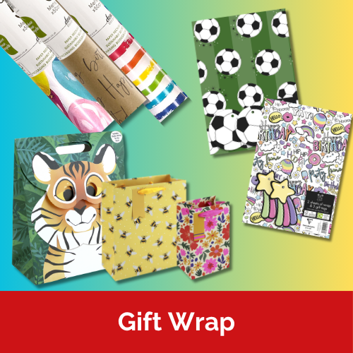 A selection of wrapping paper rolls, flat pack and gift bags.